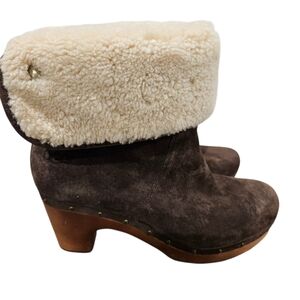 UGG Dark Brown Suede Shearling Clogs